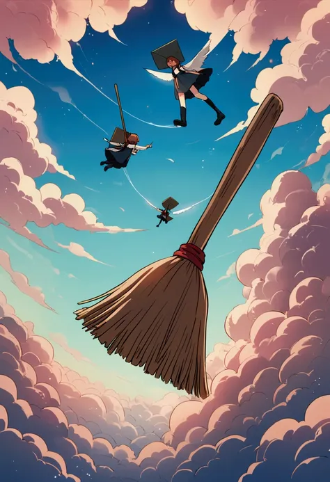 A broom and a dustpan flying together in the sky