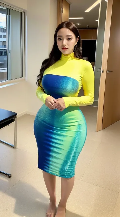 (masutepiece,High quality:1.3),(depth of fields:1.3) ,((front body:1.35)),  Japanese ,woman, natural makeup,standard height, (yellow Long Sleeve Round neck T-shirt Maxi Tight Dress:1.2), (huge breasts:1.5), thicc, curvy,(Looking at Viewer:1.3),(full body:1...