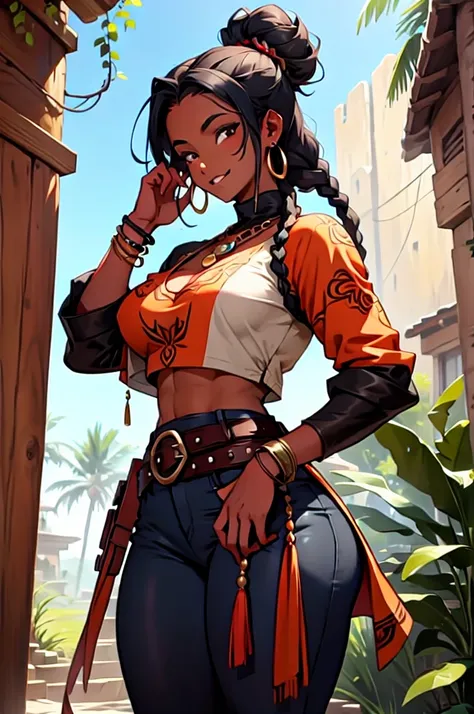    Create a high-fantasy character portrait of Aisha Diallo, a clever member of the Relic Hunters, wielding the Necklace of Anansi. She has an oval and expressive face with soft, well-defined features and warm brown skin. Her expression is lively and frien...