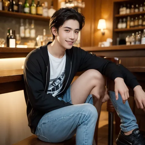 A turkish boy handsome,,ultra high resolution,perfect skin,ultra delicate photo,wearing a ((black jacket)) and white t-shirt, Blue jeans which is torn on his knee,I want black Nike shoes withwhite patterns , he is sitting at a bar enjoying a cup of coffee,...