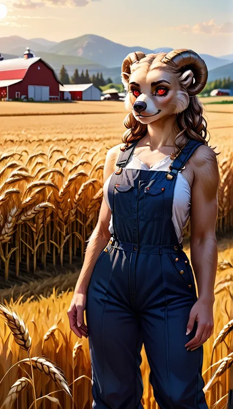 (zPDXL2),  score_9_up, painterly, faux traditional media, realistic, BREAK
1girl, solo, fullbody, (bear:1.2), (long wavy hair, bun hairstyle), glowing red eyes, (ram horns:1.2), (bear ears, bear tail), tanned skin, farmer jumpsuit, wheat farm background, B...