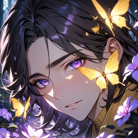 Male with yellow tshirt, cat ear, forest,purple dark light, absurdres, highres, ultra detailed, HDR, master piece, best quality, black hair, expressive purple eyes, black clothes, magical, fantasy, shining, purple flowers, blossoms, yellow butterflies, clo...