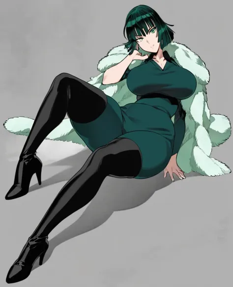 the character fabuki from the anime series "one punch man" lying down (full body). young woman with a curvy figure, chin-length,...