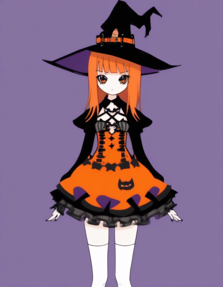 Cute girl, bright orange and dark black, white thigh-high socks, platform heels, gothic style, , small bust, witch, simple background,from front,cowboy shot,standing