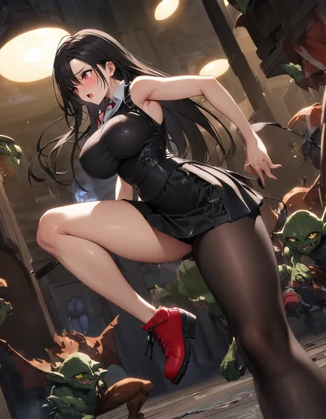 Final Fantasy 7 Tifa Lockhart　　Indoor at night、Wearing black pantyhose　Wearing a mini skirt、Wearing black clothing、Big Breasts、Stylish、Clothes get torn、Attacked by Goblins、Thin legs、Black long hair、bare hands、Wearing red shoes、fall on one&#39;s buttocks、Pa...