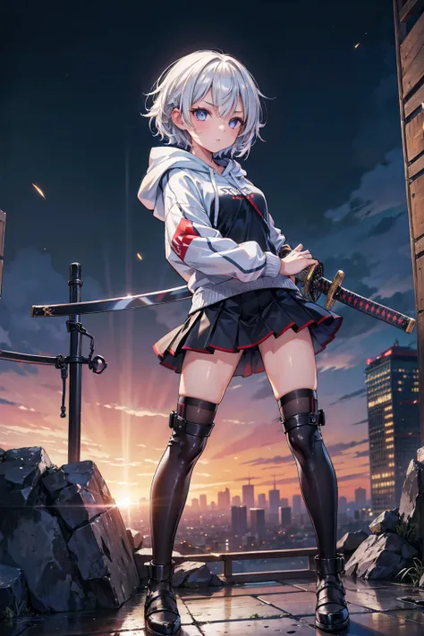 (masterpiece), (best quality), (ultra detailed), (high res 8K), 1 girl, late teenage, standing, contrappost, full body, low angle, hoody, mini-skirt,((katana)), short hair, silver hair, serious, looking away, cityscape in Tokyo, night, rim lighting, high c...