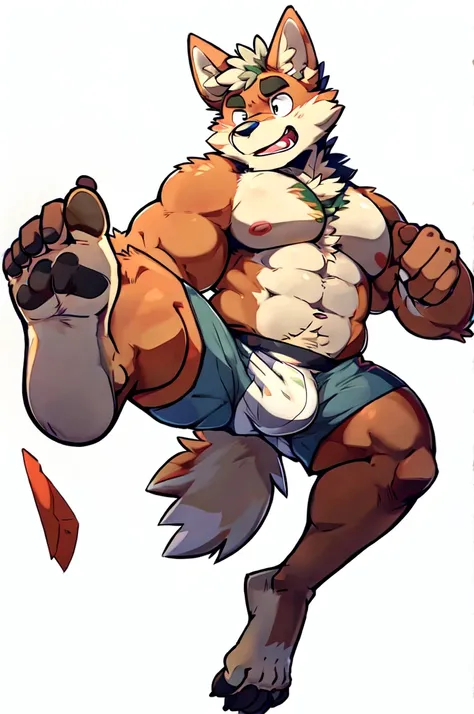 Wolf, By Haps 1boy, abs, animal ears, bara, bulge, full body, white background, Seminude, Boxers, side, Falling, feet