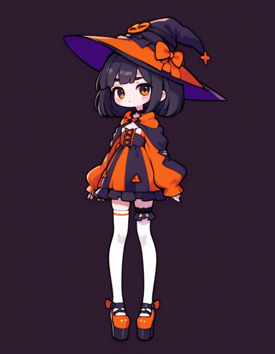 Cute girl, bright orange and dark black, white thigh-high socks, platform heels, gothic style, , small bust, witch, simple background,from front,cowboy shot,standing