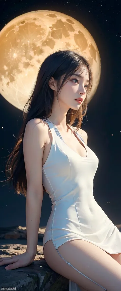 ((masterpiece, Highest quality, Best image quality, High resolution, Realistic, RAW Photos, 8K)), ((非常に詳細な CG 統合 8K 壁紙)), floating, Profile of a woman sitting on a giant crescent moon in the night sky, white one-piece dress.