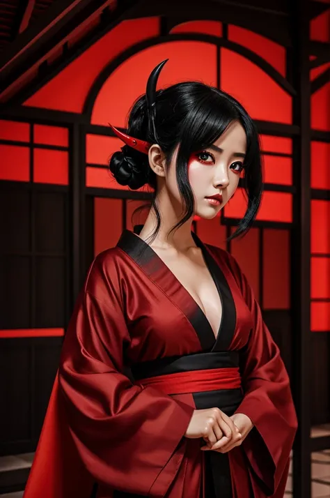 demon slayer girl black hair with long red slanted red eyes red kimono