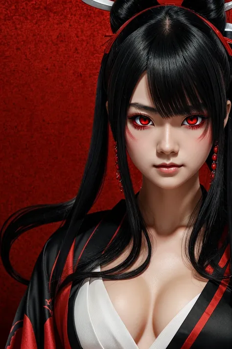 demon slayer girl black hair with long red slanted red eyes red kimono anime
