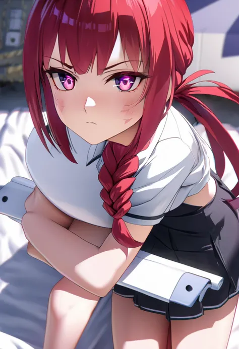 anime, hda, a close up of a woman with ((red braided low ponytail hair)) and (((the most beautiful pinkn eyes))) in (((school girl outfit, black mini skirt, white shirt))), (((serious)), 8k, Unreal Engine 5, octane render, serious, domi, noah, squating, tr...