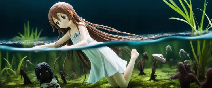 score_9, score_8_wonderful, score_7_wonderful, score_6_wonderful, sauce_anime, partially underwater, 
One Girl, Long Hair, Brown Hair, Wet Hair,
White Dress, Swamp,
Dark Background, Blurred Edges,8-year-old、Adventurer、Flat Chest、Pitch-dark underground laby...