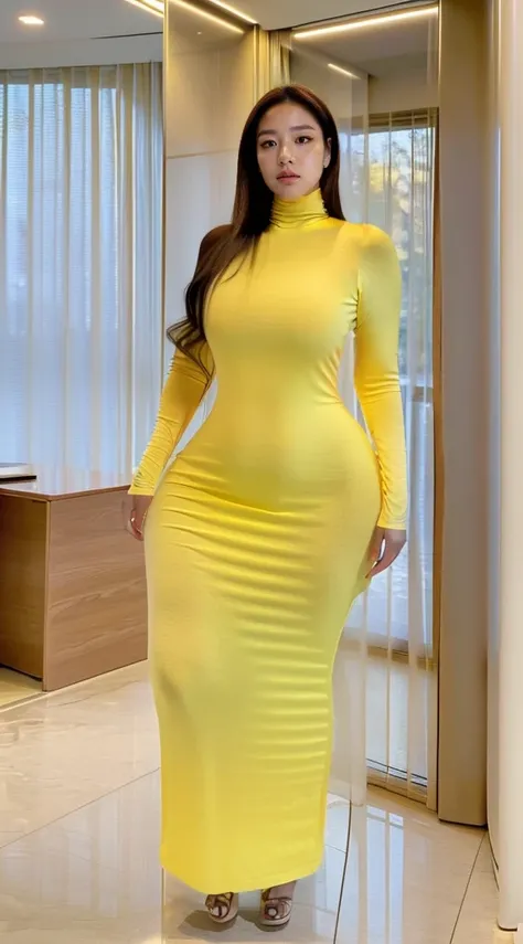 (masutepiece,High quality:1.3),(depth of fields:1.3) ,((front body:1.35)),  Japanese ,woman, natural makeup,standard height, (yellow Long Sleeve Round neck T-shirt Maxi Tight Dress:1.2), (huge breasts:1.5), thicc, curvy,(Looking at Viewer:1.3),(full body:1...