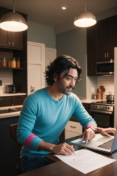 Cinematic, person taking an online financial course on a laptop, vibrant kitchen setting, casual attire, 2023, digital, Sony A7 III, directed by Taika Waititi, humorous and educational, bright and playful lighting, vibrant colors --ar 16:9 --style playful
