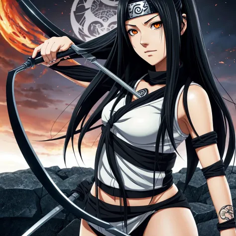 Anime girl with long black hair, black eyes an clam expression with a scythe. In the Naruto universe 