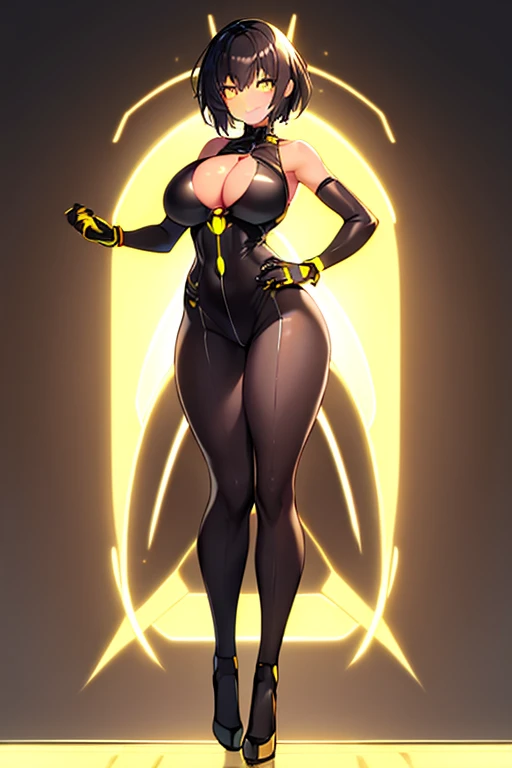 1girl, tan, tan skin, yellow eyes, black hair, very short hair, large breasts, hourglass figure, smile, bodysuit, black bodysuit, neon, neon trim, machinery, tech, science-fiction, futuristic, standing, full body, ((full body)), pantyhose, high heels