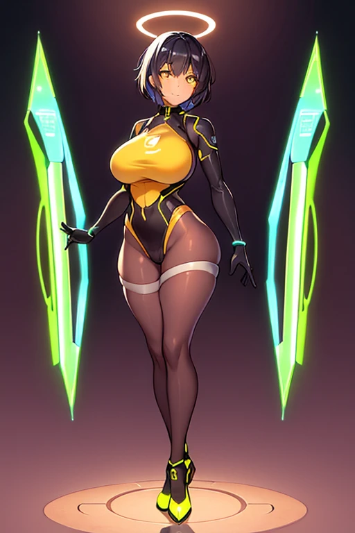 1girl, tan, tan skin, yellow eyes, black hair, very short hair, large breasts, hourglass figure, smile, bodysuit, black bodysuit, neon, neon trim, machinery, tech, science-fiction, futuristic, standing, full body, ((full body)), pantyhose, high heels