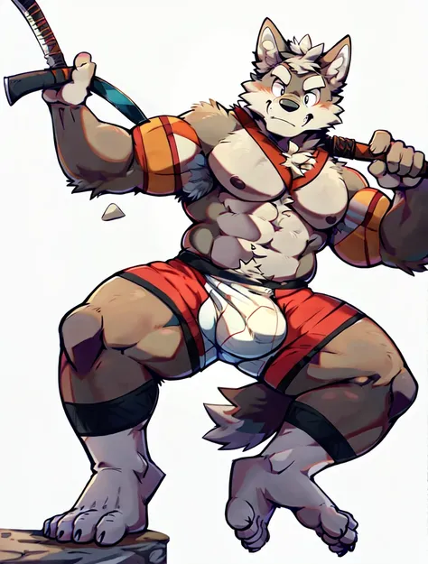 Wolf, By Haps 1boy, abs, animal ears, bara, bulge, full body, white background, Seminude, Boxers, side, Falling, feet, holding Katana,