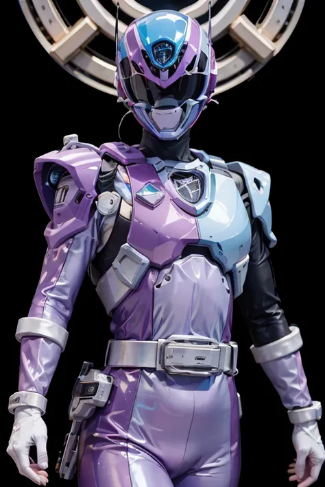 starry sky with the constellations of the zodiac, shades of purple as if they were nebulae, vast space, cyberpunk city at the bottom,   , power suit, powerranger, suit, spd, (Power ranger suit), gold detail, masked,
