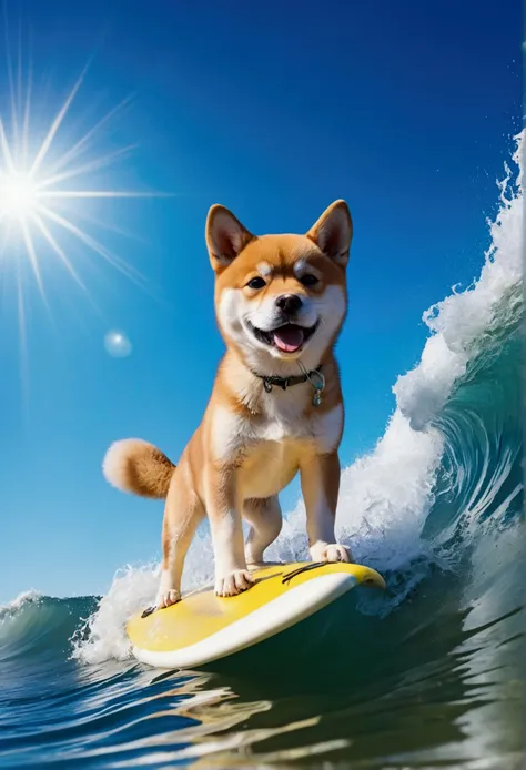 Shinkai Chengwei, Beautiful blue sky, Shining Sun,Shiba Inu puppy surfing, Water Drop,Healing scenes,Wide-angle、