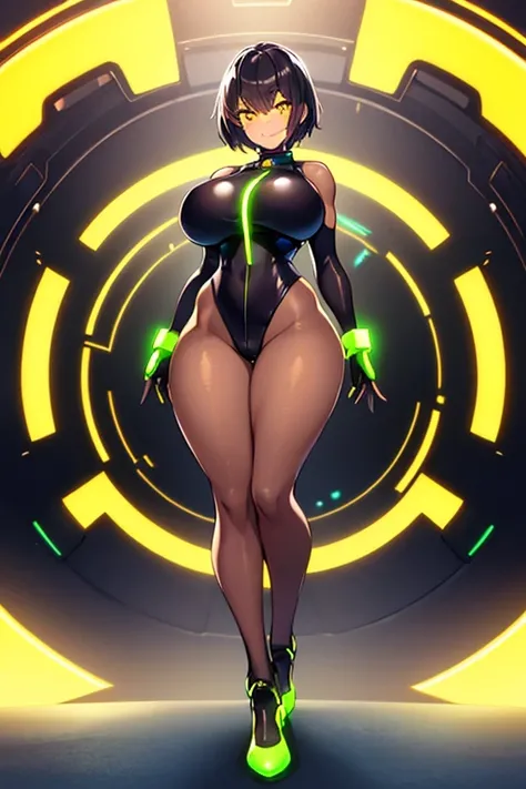 1girl, tan, tan skin, yellow eyes, black hair, very short hair, large breasts, hourglass figure, smile, bodysuit, black bodysuit, neon, neon trim, machinery, tech, science-fiction, futuristic, standing, full body, ((full body)), pantyhose, high heels