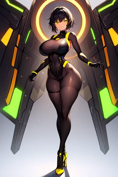 1girl, tan, tan skin, yellow eyes, black hair, very short hair, large breasts, hourglass figure, smile, bodysuit, black bodysuit, neon, neon trim, machinery, tech, science-fiction, futuristic, standing, full body, ((full body)), pantyhose, high heels