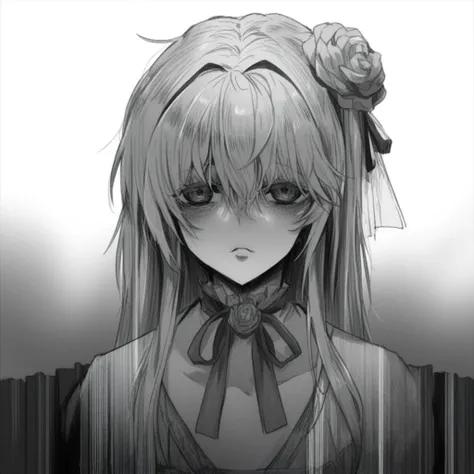 anime girl with long hair and a bow tie in front of a fence, gothic maiden anime girl, black and white manga style, gapmoe yandere grimdark, portrait gapmoe yandere grimdark, anime shading), detailed portrait of anime girl, (anime girl), gapmoe yandere, be...