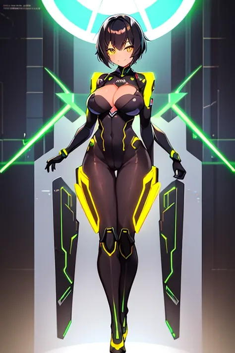 1girl, tan, tan skin, yellow eyes, black hair, very short hair, large breasts, hourglass figure, smile, bodysuit, black bodysuit, neon, neon trim, machinery, tech, science-fiction, futuristic, standing, full body, ((full body)), pantyhose, high heels, robo...