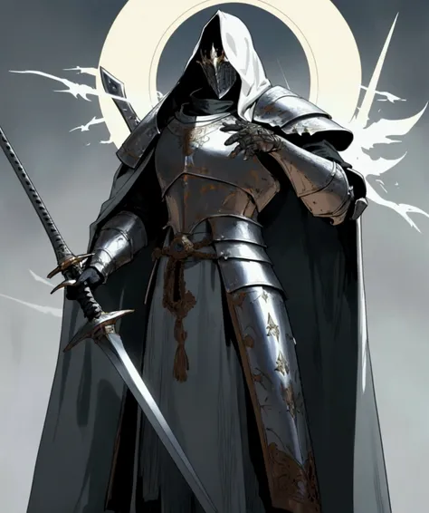 elden ring, dark souls, concept art sheet, items, weapons: A lean male knight with white armor that bears a circular silver emblem on the chestplate who wears a white cape and wields a thin grey greatsword.