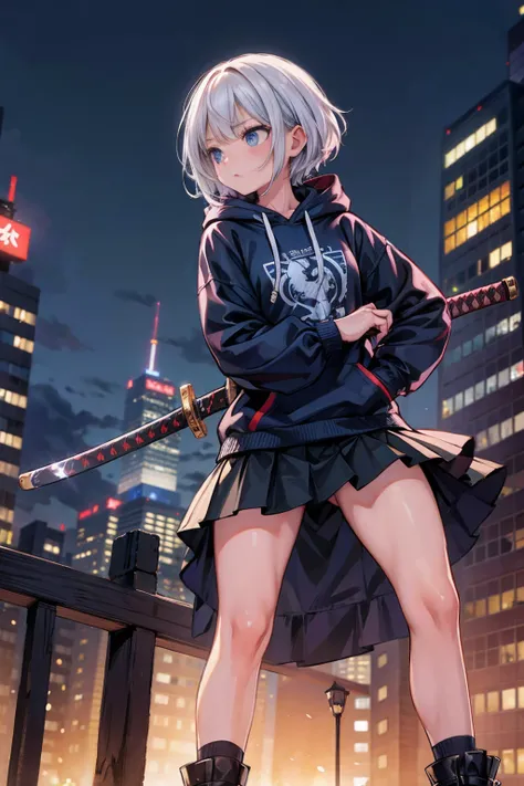 (masterpiece), (best quality), (ultra detailed), (high res 8K), 1 girl, late teenage, standing, contrappost, full body, low angle, hoody, mini-skirt,((katana)), short hair, silver hair, serious, looking away, cityscape in Tokyo, night, rim lighting, high c...