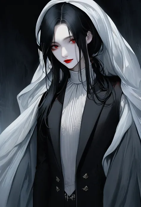 woman，With long straight black hair，Hair draped over the shoulders，Wearing a white shirt，Black vest and dark trousers，Deep and delicate facial features，Thin face，The eyes are light blue，The nose is just right，Red lips are not thin，Bright and elegant appear...