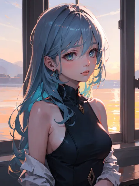 Best Quality, Masterpiece, Ultra High Resolution, (Realism: 1.4), Original Photo, 1Girl, Green Eyes, Off-the-Shoulders, Cinematic Lighting, Blue Hair, At Sunset