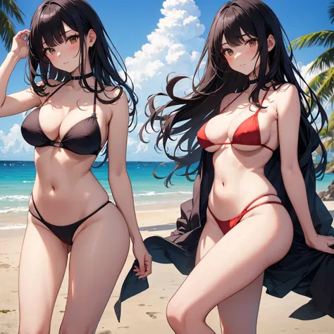 NSFW, (((Uncensored))), (((Clear picture))). high image quality, high resolution, 18 year old beautiful girl、shiny black hair、Hime cut、Brown eyes, dark eyebrows, J-cup huge breasts、172cm tall、tightened waist,、red bikini, sexy pose, Sandy Beach、Blue sky