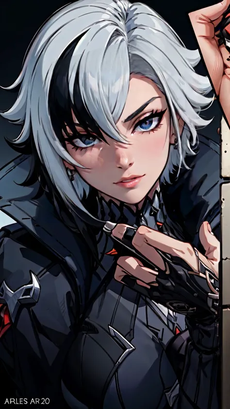 thick outlines, comics, photorealistic, perfect hands, masterpiece:1.2, Cathedral, Dark, Gothic, 1 girl, One, White hair, black hair, multicolored hair, X-shaped pupils, black eyes, Arles_suit, , detailed background, Detailed face, detailed eyes, 