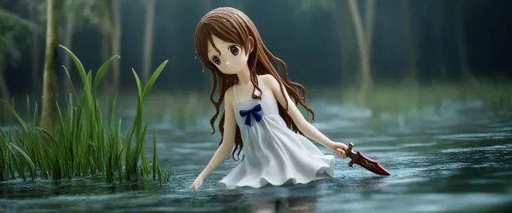 score_9, score_8_wonderful, score_7_wonderful, score_6_wonderful, sauce_anime, 部分的にIn the water, 
One Girl, Long Hair, Brown Hair, Wet Hair,
White Dress, Swamp,
Dark Background, Blurred Edges,8-year-old、Adventurer、Flat Chest、Pitch-dark underground labyrint...