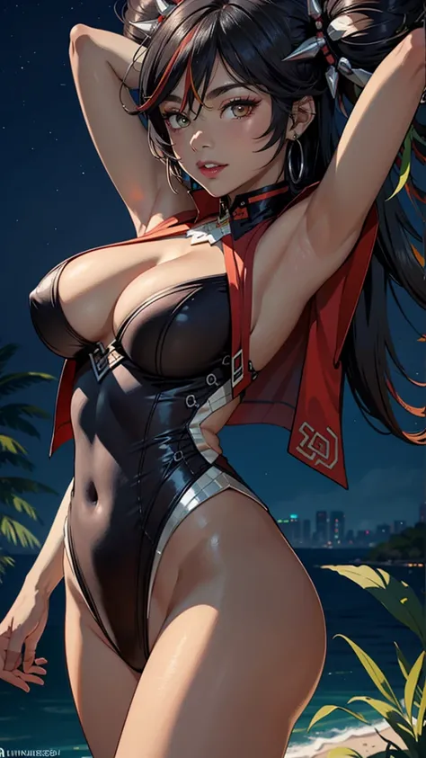 masterpiece, high quality, 8 k,detailed body, ultra detailed, Detailed face, standing, blush, bright eye, on open air, (face detail), Sinyandef, (Giant breasts),(night), half of the body, smile,