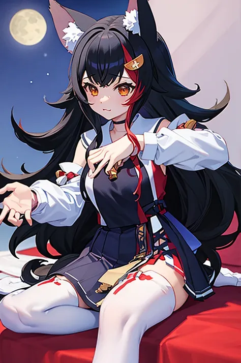 masterpiece、Highest quality、High resolution、One girl、night、shrine、Moonlight、Foot pose、:3、miodefault、Long Hair、hair ornaments、Sailor collar、Black Shirt、Black Skirt、Sleeveless、abdomen、Red and white rope、(White knee socks:1.2)、tall、Curvaceous、Wolfs tail、(Perf...