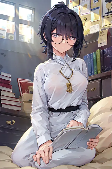 woman, hair over one eye, golden eyes, Tomboy, sitting on the ground, white shirt, black sweatpants, looking at viewer, window, short hair with a ponytail, books lying around, bedroom background, round glasses, bags under eyes, tired, reading a book