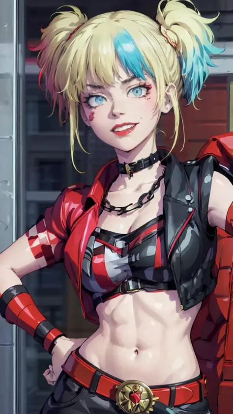 masterpiece, Best quality, a high resolution, 1 girl, hair braided in two short ponytails, very detailed eyes, Fine detail, Correct anatomy 1.1., Harley Quinn from Suicide Squad, open jacket with short sleeves shorts studded belt mesh belt chain gloves bra...