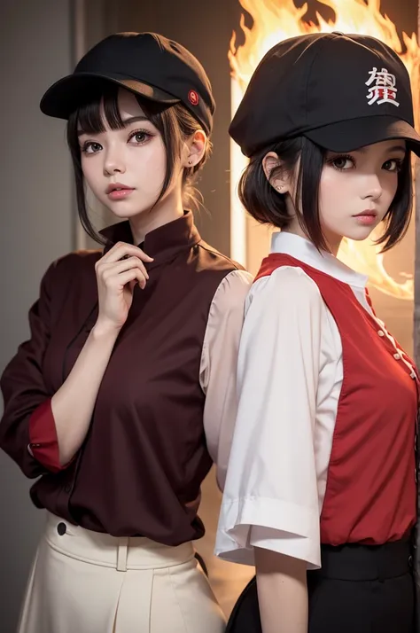 Image anime, a cap forward with a fire on the side and a small fringe on the other side a blouse with another cold blouse on the back red with fire