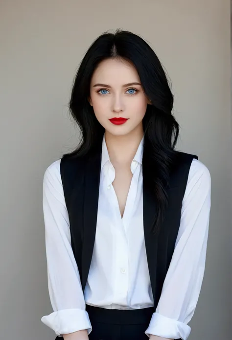 woman，Pure black hair，Draped over the shoulders，Wearing a white shirt，Black vest and dark trousers，Deep and delicate facial features，Thin face，Has light blue eyes，The nose is just right，Red lips are not thin，Bright and elegant appearance，There is a strange...