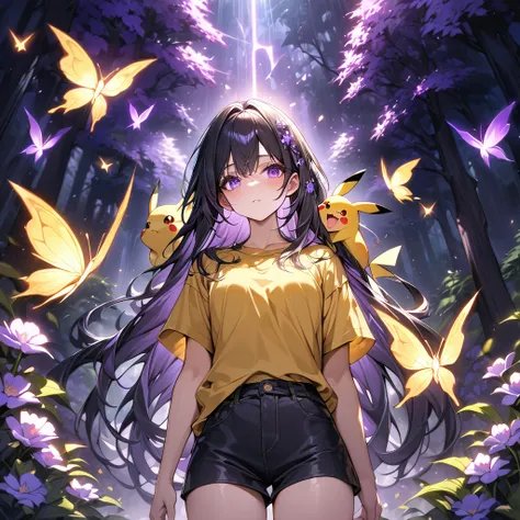 Female with yellow tshirt, pikachu on shoulder, forest,purple dark light, absurdres, highres, ultra detailed, HDR, master piece, best quality, black hair, expressive purple eyes, black clothes, magical, fantasy, shining, purple flowers, blossoms, yellow bu...