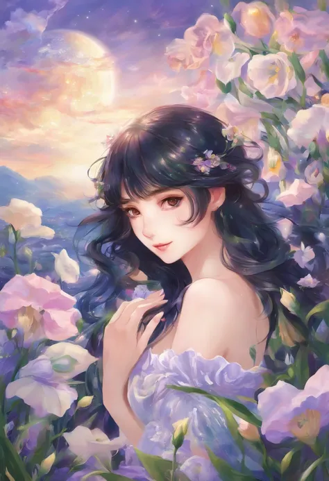 best quality,masterpiece,Ultra-high resolution,(photoactual:1.4),,Sky full of platycodon flowers（background）,20 years old ,Balloon Flower Fairy（Japanese Girls）,Dark blue shawl long hair,cute eyes,Sexy body,Big breasts,Wearing a platycodon flower strapless ...