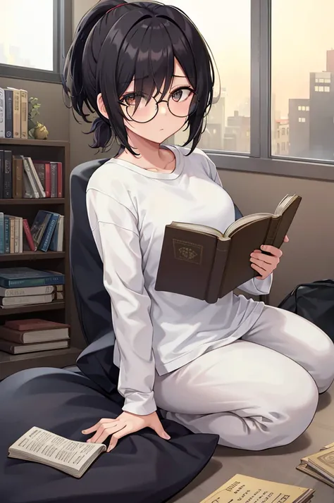 woman, hair over one eye, golden eyes, Tomboy, sitting on the ground, white shirt, black sweatpants, looking at viewer, window, black short hair with a ponytail, books lying around, bedroom background, round glasses, bags under eyes, tired, reading a book