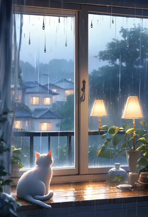 (Highest quality, Realistic, High resolution:1.2),Girl and cat sitting by the window、Raindrops falling on the window,Windows with water droplets,Realistic rain,Beautiful window view, Moonlight、Blurry background through the window,Soft natural light,Realist...