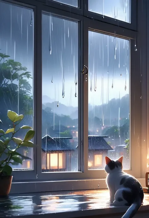 (Highest quality, Realistic, High resolution:1.2),Girl and cat sitting by the window、Raindrops falling on the window,Windows with water droplets,Realistic rain,Beautiful window view, Moonlight、Blurry background through the window,Soft natural light,Realist...