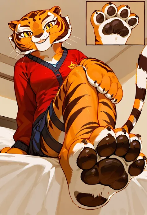 solo, score_9,score_8_up score_7_up, anthro, master tigress, tiger, female, clothed, red clothes, cute smiling, looking at viewe...