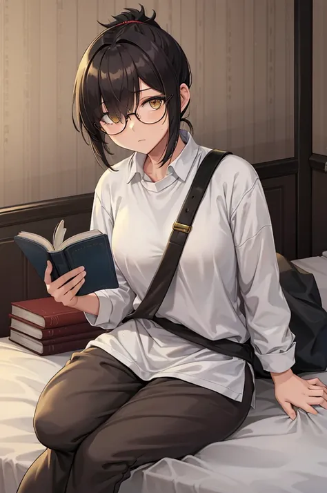 woman, hair over one eye, golden eyes, Tomboy, sitting on the ground, white shirt, black sweatpants, looking at viewer, bed, black short hair with a ponytail, books lying around, bedroom background, round glasses, bags under eyes, tired, reading a book