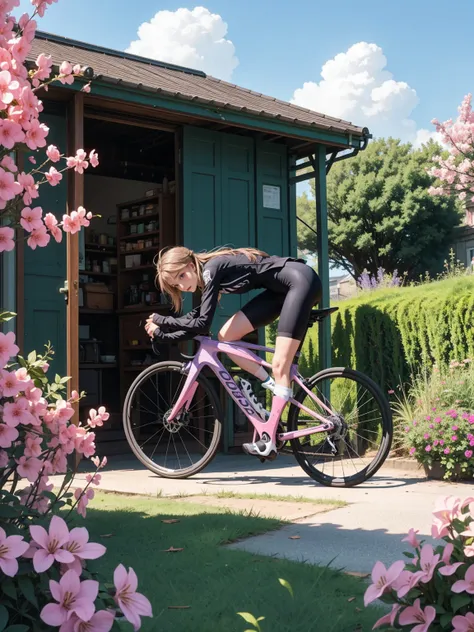 8k raw photos,hight resolution,(violet_evergarden:1.29),(pink theme:1.3),(full_body:1.3),best quality, professional bicycle race...